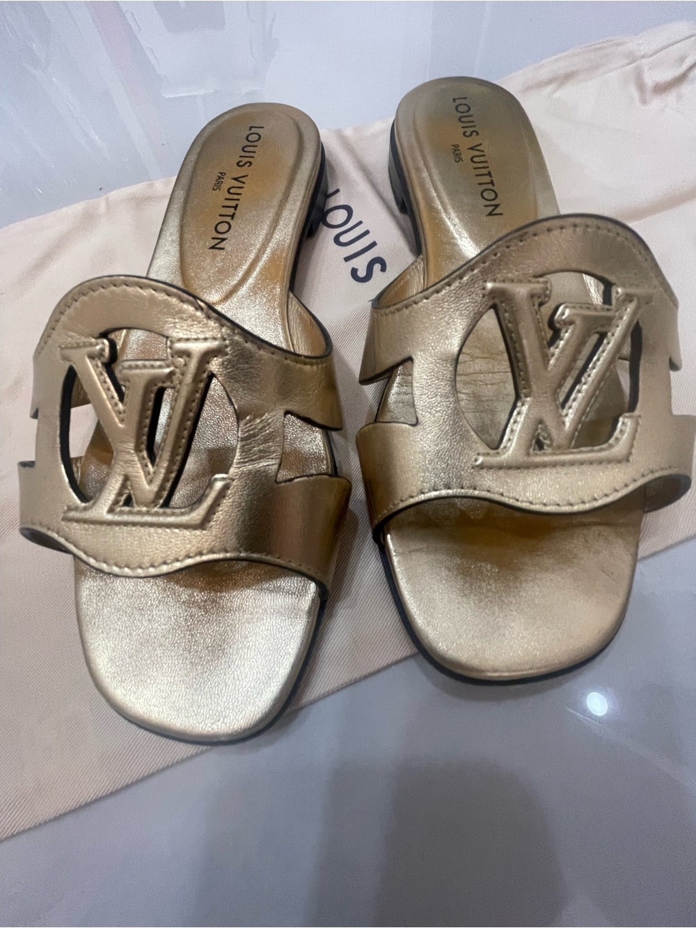 Louis Vuitton Metallic Gold LV Logo Slide Mules Size 38 - Picture 6 of 9